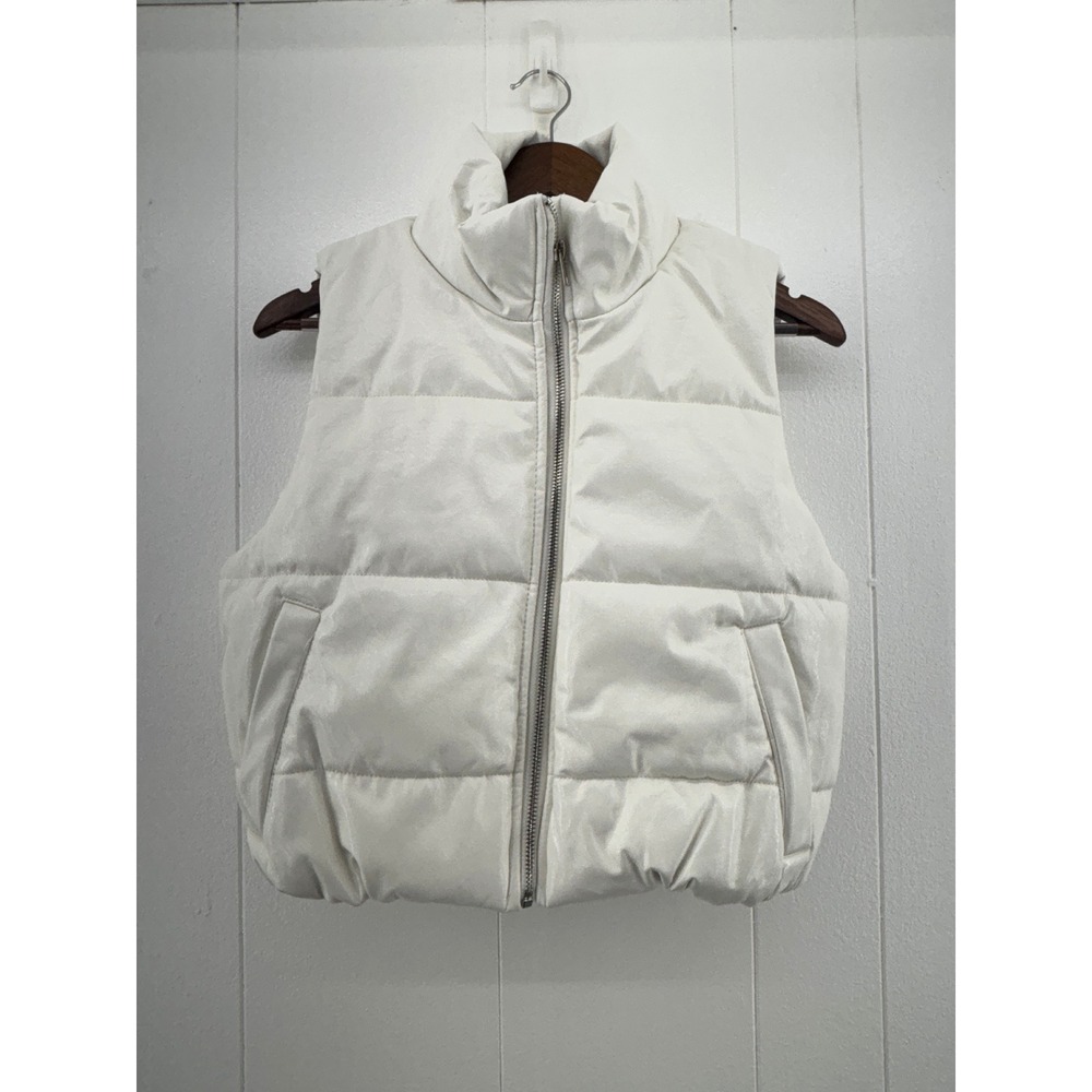 Ambiance Outerwear Womens White Faux Leather Puffer Vest Quilted Zip Up Size M